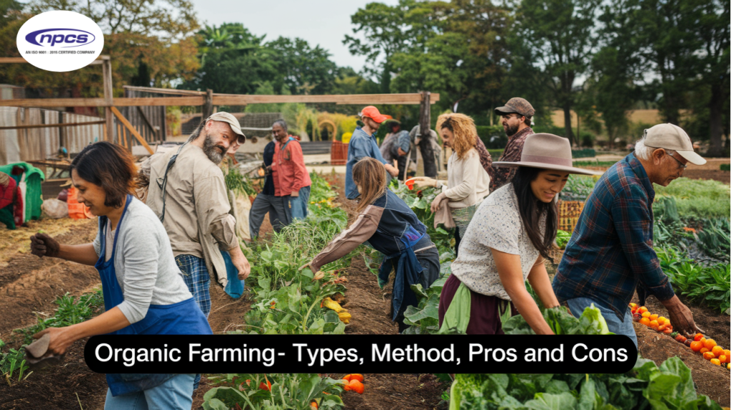 People working in a field and in text " Organic Farming- Types, Method, Pros and Cons " is Shown