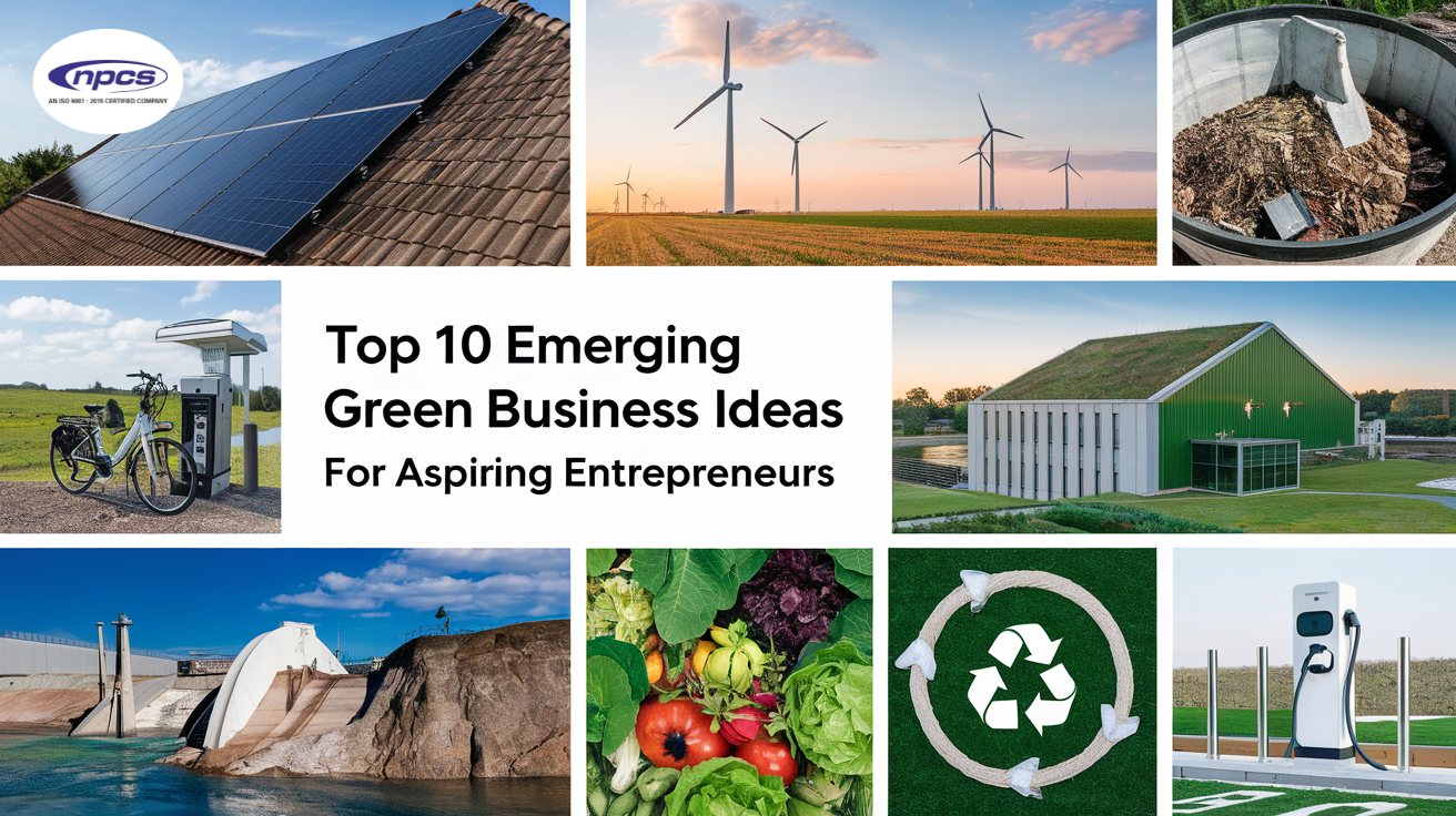 Top 10 Emerging Green Business Ideas for Aspiring Entrepreneurs, showcasing solar panels, wind turbines, electric bikes, recycling, and sustainable solutions.