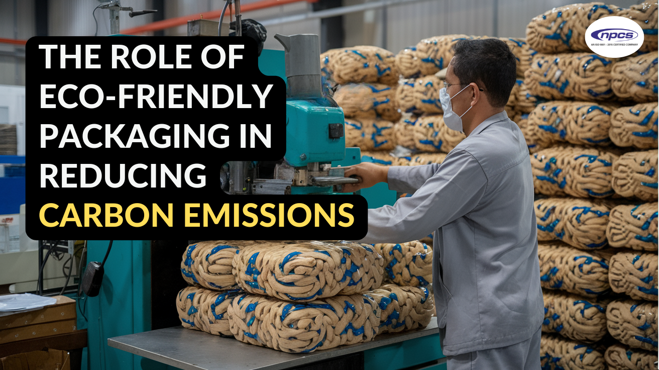 A factory worker using a machine to produce eco-friendly packaging materials, highlighting sustainable practices to reduce carbon emissions.