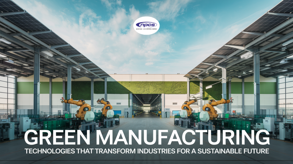 Modern factory with robotic arms under solar-paneled roofs, showcasing green manufacturing technologies for sustainable industries.