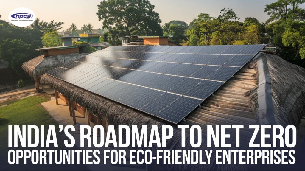 Solar panels on a traditional thatched-roof building, symbolizing green business and eco-friendly opportunities in India's sustainable development.