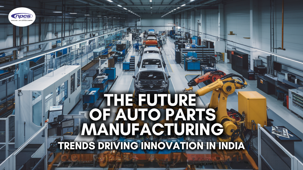 Modern auto parts manufacturing facility with robotic arms assembling vehicles, highlighting innovations in production technology.