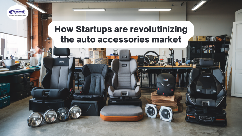 Auto accessories displayed in a workshop, showcasing innovative products from startups including car seats and headlights.