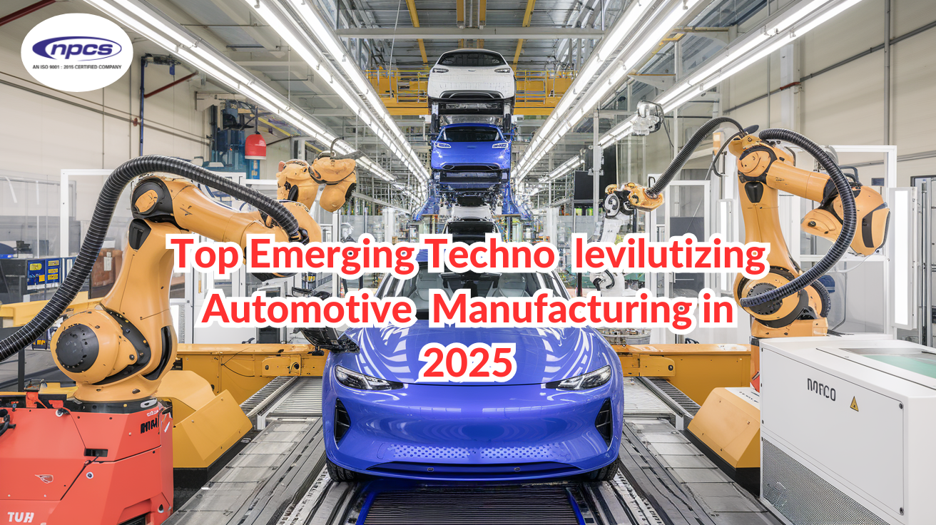 Automated car manufacturing assembly line featuring robotic arms assembling modern vehicles, highlighting emerging technologies in automotive manufacturing.