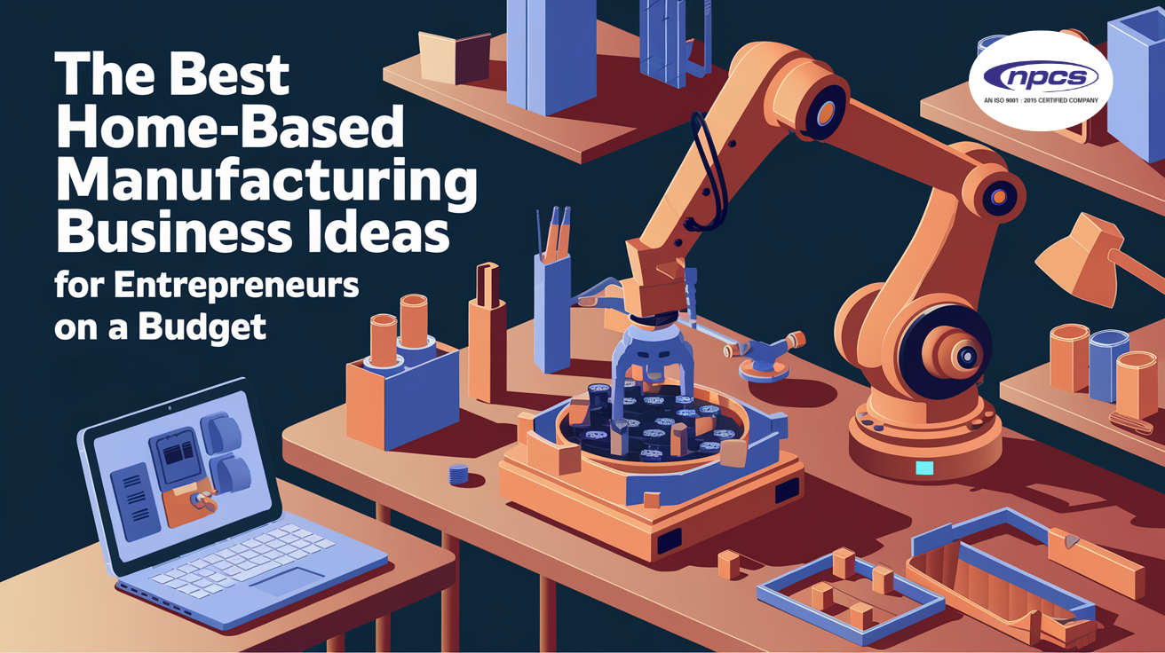 Infographic illustrating various home-based manufacturing business ideas for entrepreneurs on a budget, featuring images of manufacturing processes and equipment.