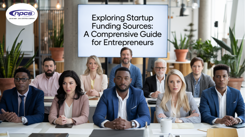 A diverse group of entrepreneurs attending a presentation on startup funding sources in a professional workspace.