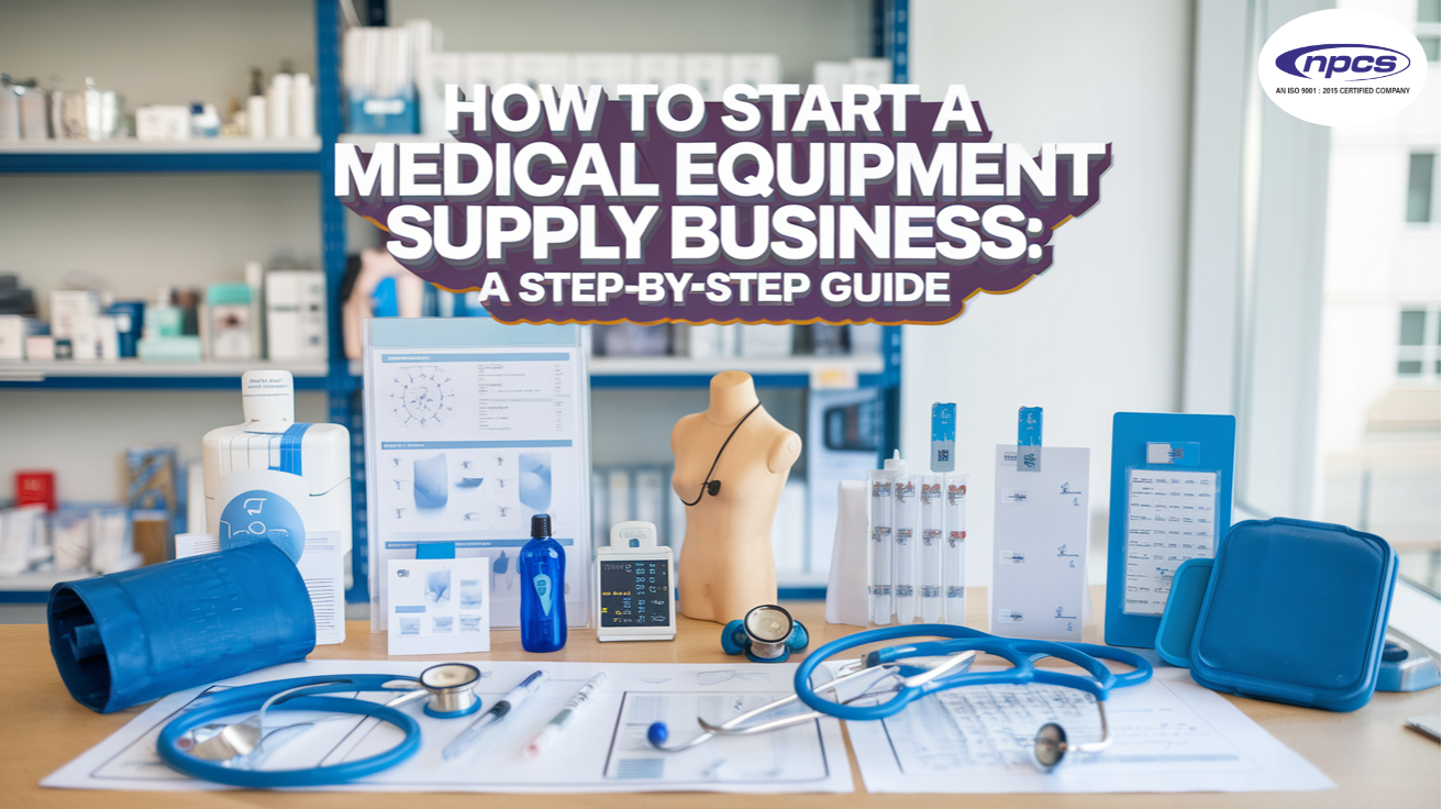 A table with various medical equipment, including stethoscopes, blood pressure cuffs, and other medical supplies. The text 'How to Start a Medical Equipment Supply Business: A Step-by-Step Guide' is displayed on the table.