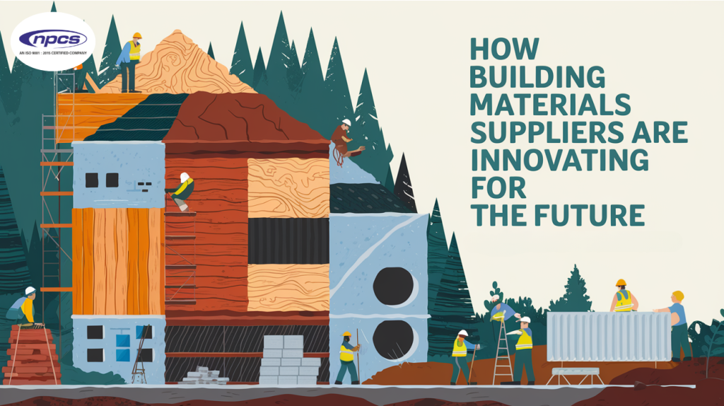 An illustration of construction workers building a house with various sustainable building materials, highlighting the role of suppliers in innovation.