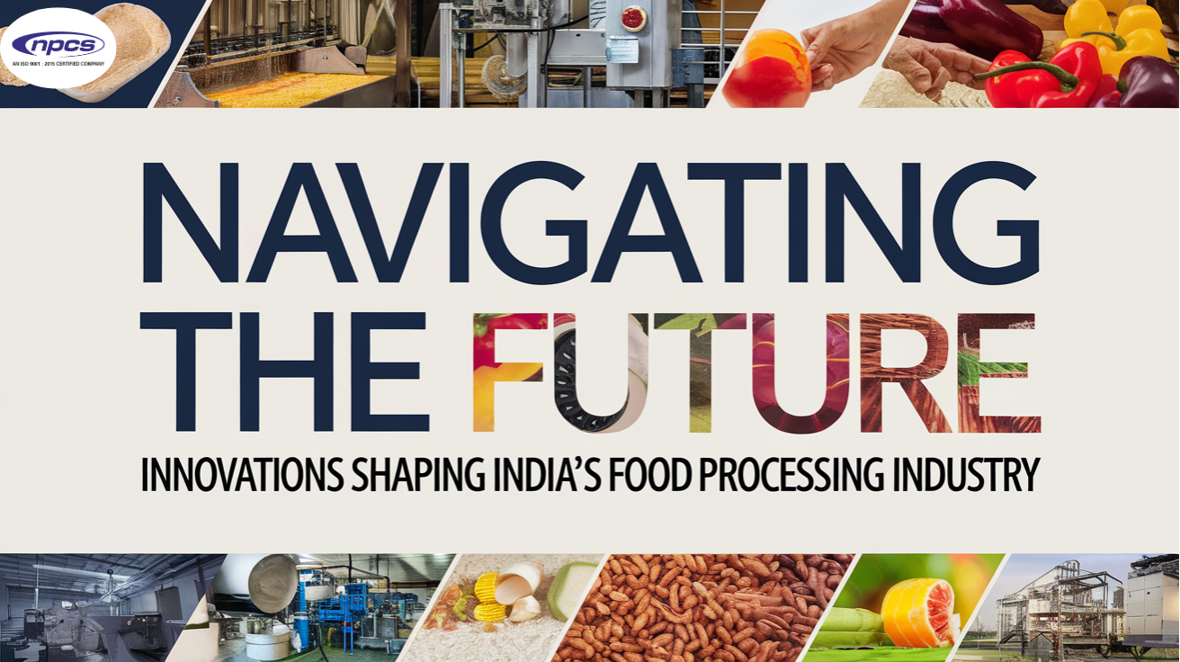 A collage of images showcasing various stages of food processing, from harvesting to packaging, highlighting the innovations shaping India's food industry.
