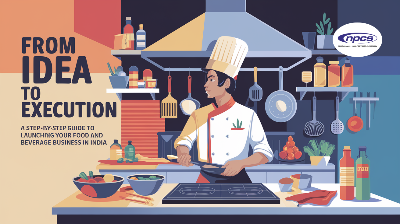 "Image highlighting a guide to launching a food and beverage business in India, emphasizing the journey from idea to execution.
