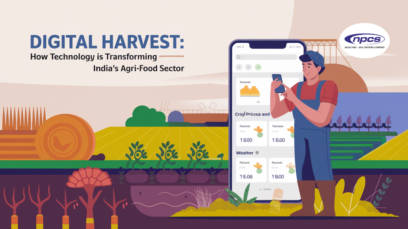 An illustration depicting a farmer using a smartphone to access agricultural data, showcasing the impact of technology on India's agri-food sector.