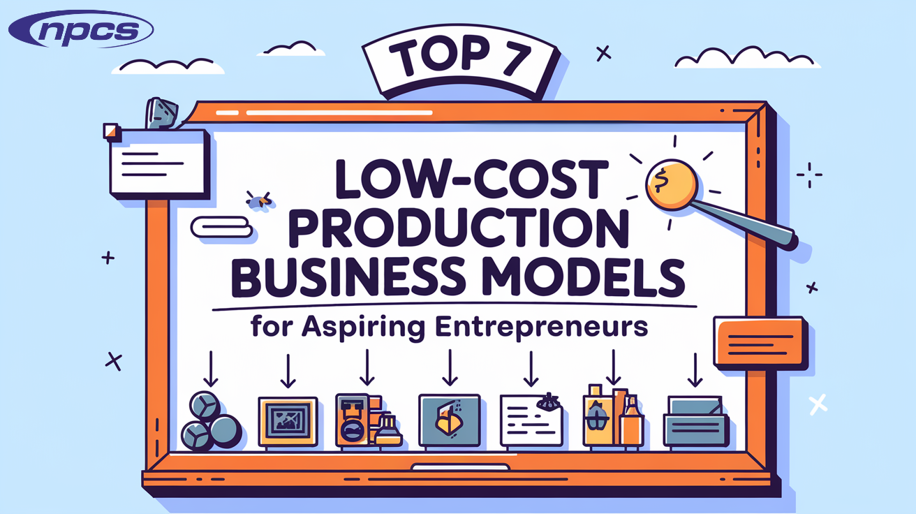 Infographic illustrating 7 low-cost production business models for aspiring entrepreneurs, including dropshipping, 3D printing, and more.