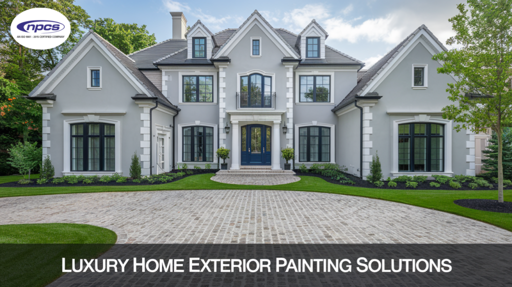 A two-story luxury home with a gray exterior and white trim, featuring a blue front door and well-maintained landscaping.A two-story luxury home with a gray exterior and white trim, featuring a blue front door and well-maintained landscaping.