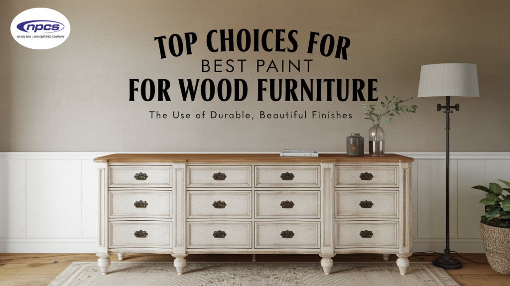 Image of a white wooden dresser with nine drawers, featuring the text "TOP CHOICES FOR BEST PAINT FOR WOOD FURNITURE" overlaid. The dresser has a natural wood top and vintage-style black knobs, with a neutral-colored rug, a lamp, and a plant in the background.